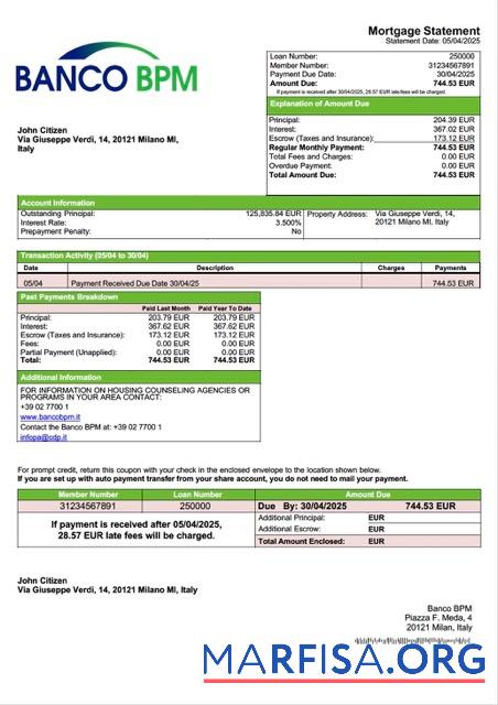 Downloadable Italy Banco BPM mortgage statement Word and PDF template